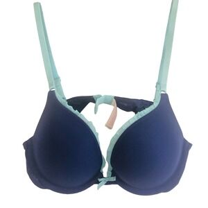 Victorias Secret Push Up Bra 34 B Blue With light Blue Lace Underwire Bow